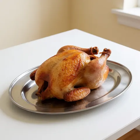 Poulet rôti doré posé sur une assiette en métal brillant, elle-même placée sur une table blanche avec un fond beige clair, éclairage naturel.