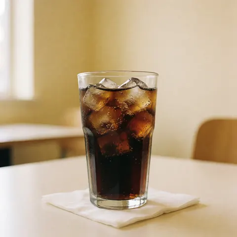 Un verre de soda rempli de glaçons posé sur une serviette blanche, le tout sur une table blanche avec un mur beige en arrière-plan et une lumière chaude.