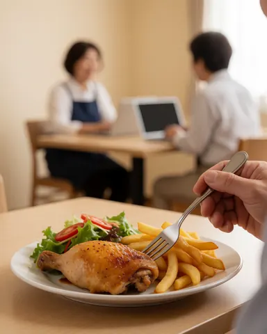 Une main saisit un morceau de poulet rôti avec une fourchette, accompagné de frites et d'une salade dans un restaurant chaleureux.