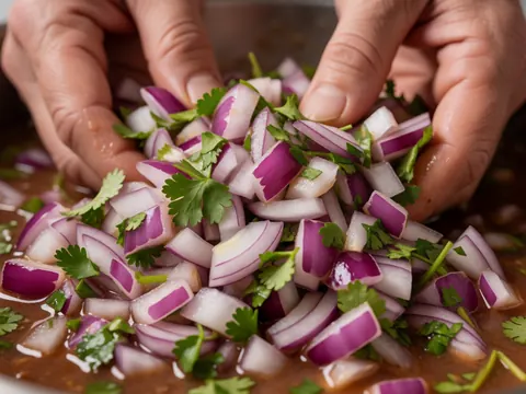 Gros plan détaillé de mains préparant une sauce mole avec de l'oignon rouge et de la coriandre fraîche, texture humide et réaliste pour une polleria.