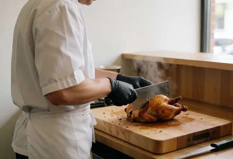 Un cuisinier portant des gants noirs coupe du poulet rôti sur une planche en bois, la vapeur s'échappe de la découpe dans une cuisine aux murs blancs éclairée par la lumière naturelle.