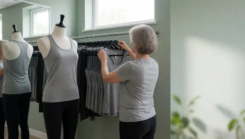 Une femme organise des vêtements de sport sur un mannequin et un porte-vêtements dans un espace aux murs verts éclairé par la lumière naturelle.