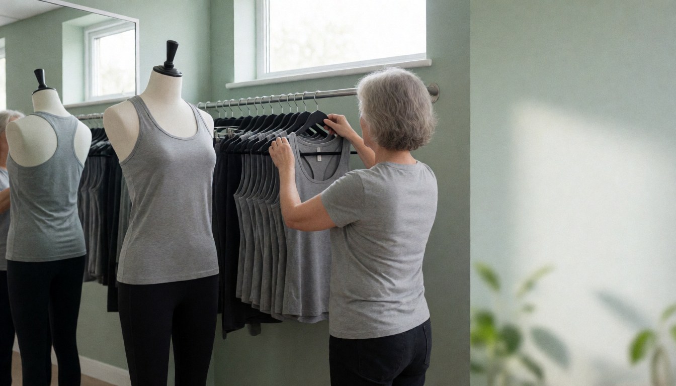 Une femme organise des vêtements de sport sur un mannequin et un porte-vêtements dans un espace aux murs verts éclairé par la lumière naturelle.