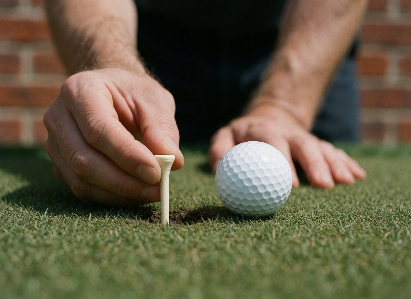 Une main place un tee blanc sur l'herbe verte près d'une balle de golf, avec un mur de briques rouges en arrière-plan.
