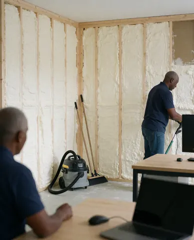 Un ouvrier applique de l'isolation thermique sur des parois en bois. Un client est assis à un bureau avec du matériel de nettoyage à proximité.