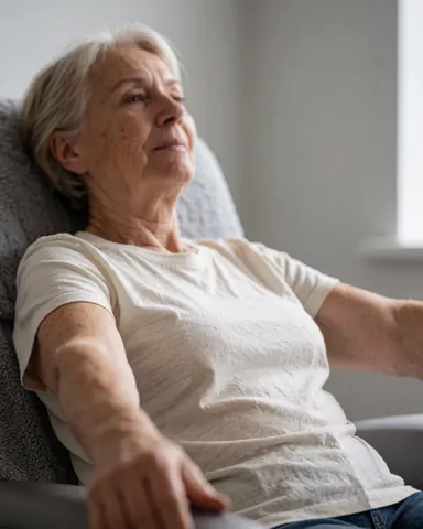 Une femme d'âge mûr est assise et relaxée dans un fauteuil confortable, baignée de lumière naturelle, avec des murs gris en arrière-plan, idéal pour illustrer la thérapie.