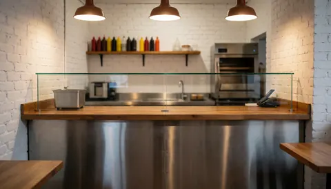 Comptoir de service en bois et acier inoxydable, murs en briques blanches et suspensions lumineuses, idéal pour un restaurant de poulet rôti.