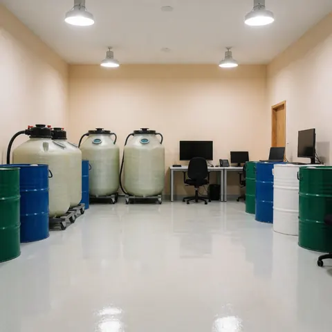 Vue d'une zone industrielle propre avec des réservoirs de stockage, des fûts de déchets, un sol époxy brillant et un éclairage industriel.