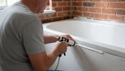 Un homme applique du silicone blanc sur le joint d'une baignoire blanche devant un mur de briques rouges, lors d'une installation de salle de bain.