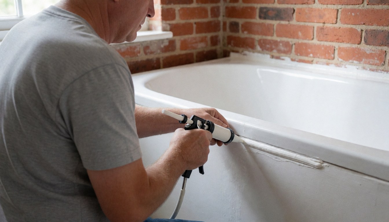 Un homme applique du silicone blanc sur le joint d'une baignoire blanche devant un mur de briques rouges, lors d'une installation de salle de bain.