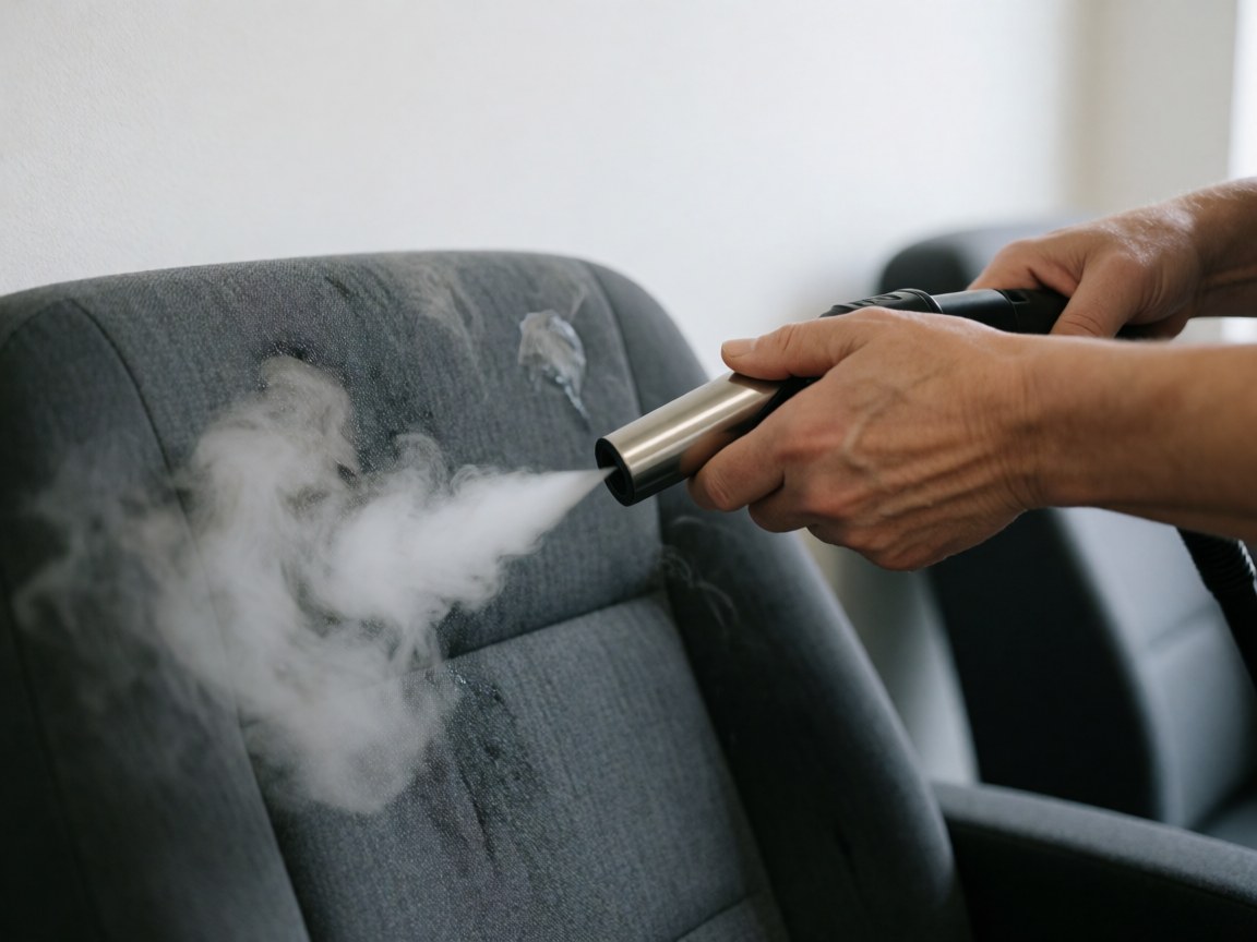 Main utilisant une buse de vapeur pour nettoyer un siège de voiture gris avec de la vapeur blanche visible sur fond blanc, service de nettoyage automobile en action.