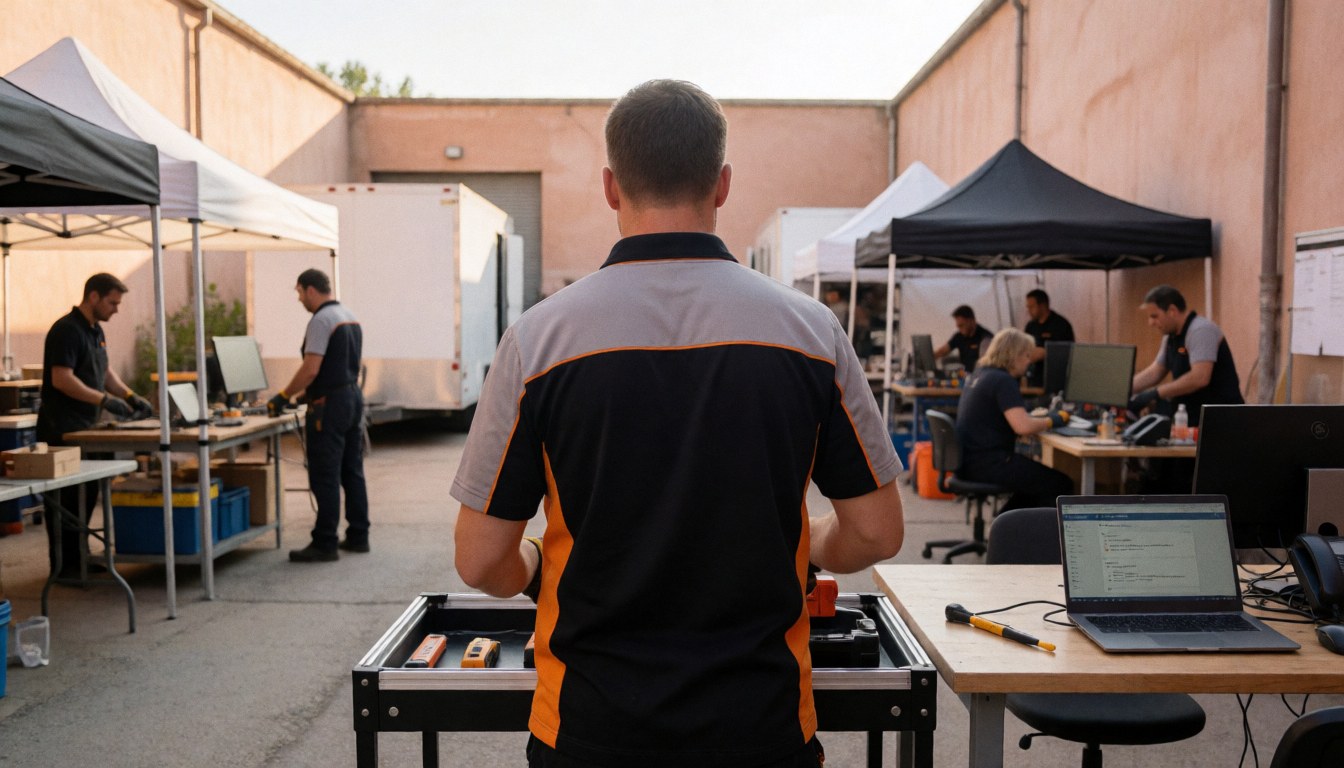 Un travailleur ajuste du matériel technique dans un paddock avec des tentes et des ordinateurs portables sous une lumière chaude.