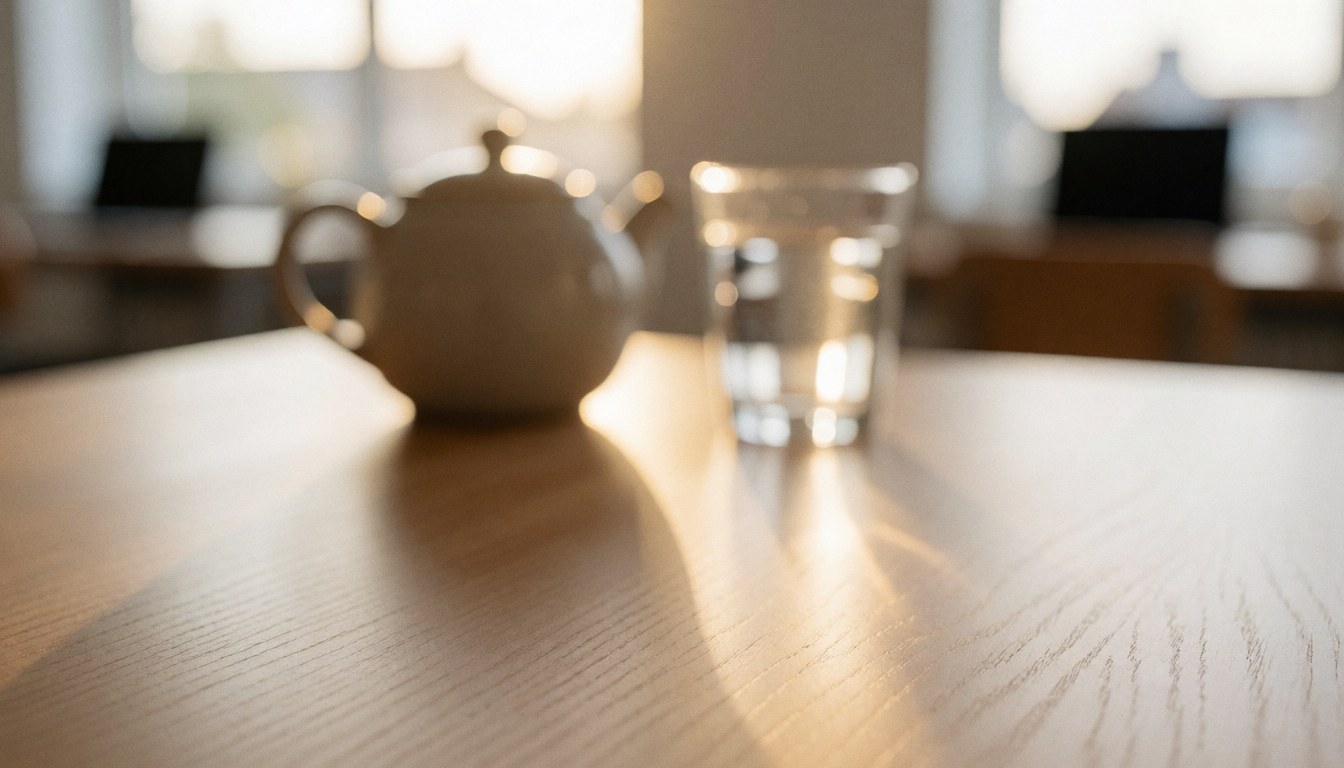 Table en bois avec théière en céramique et verre d'eau, éclairée par une lumière chaude, idéale comme fond pour spa ou massage.