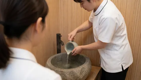 Un thérapeute en uniforme blanc verse de l'eau sur une pierre dans un spa, entouré de bois et de céramique.