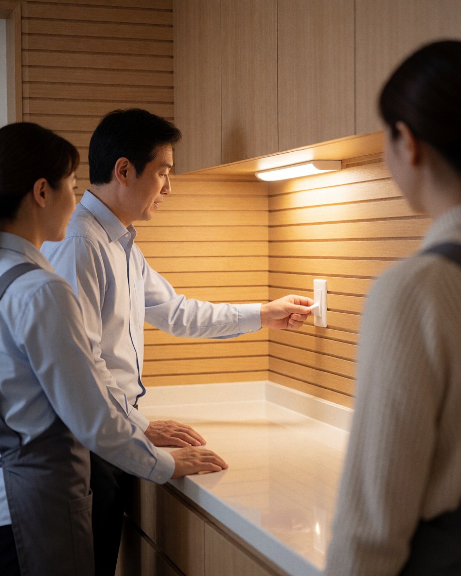 Une cliente souriante allume les lumières sous le plan de travail dans une nouvelle cuisine pendant que l'installateur observe le résultat final.