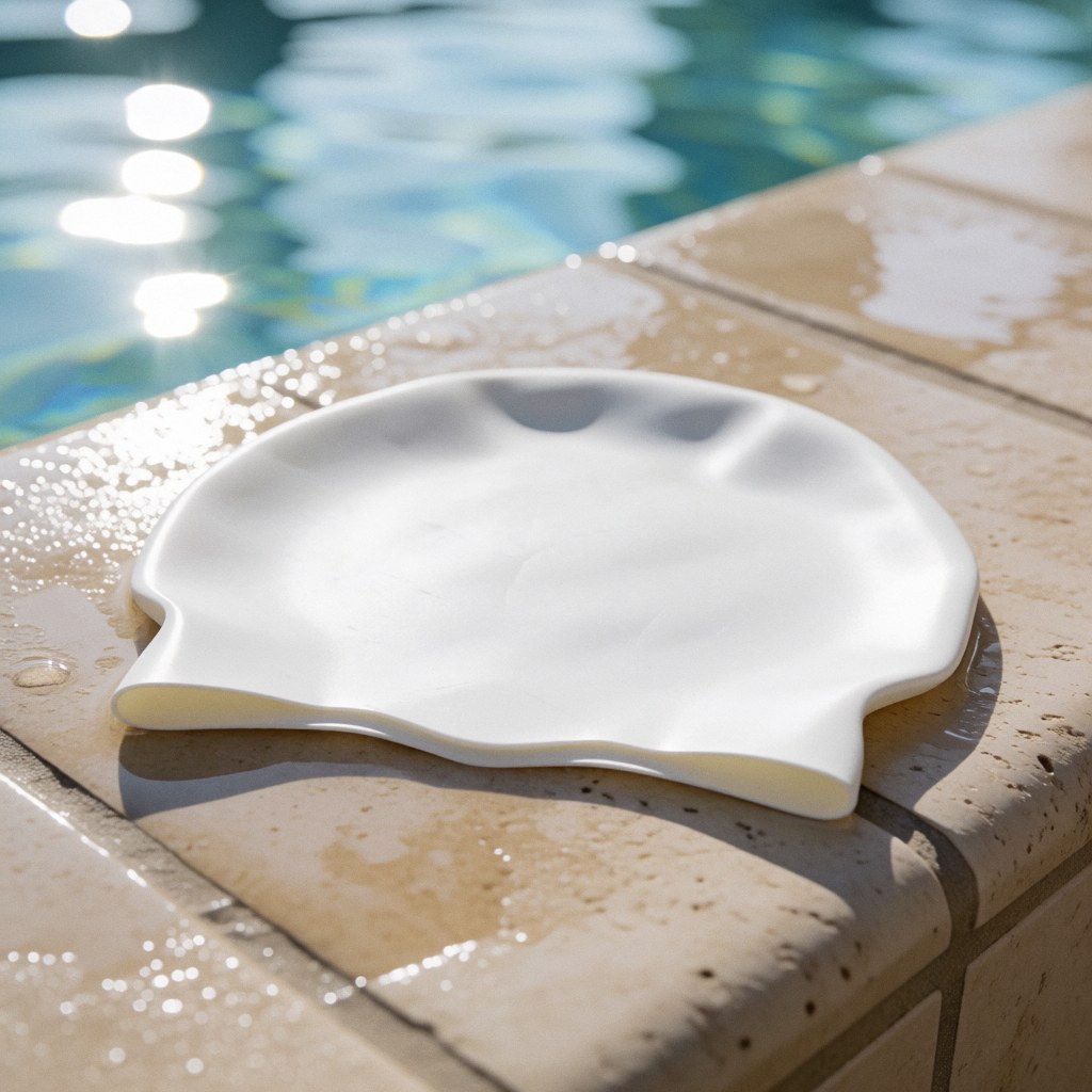 Un bonnet de natation blanc en silicone posé sur le rebord d'une piscine, idéal pour l'entraînement en club de natation.