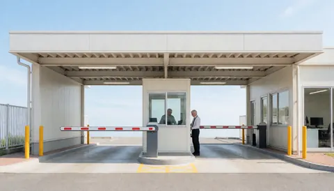 Gardien de parking à son poste avec la barrière levée sous un ciel bleu clair, montrant l'entrée du parking.