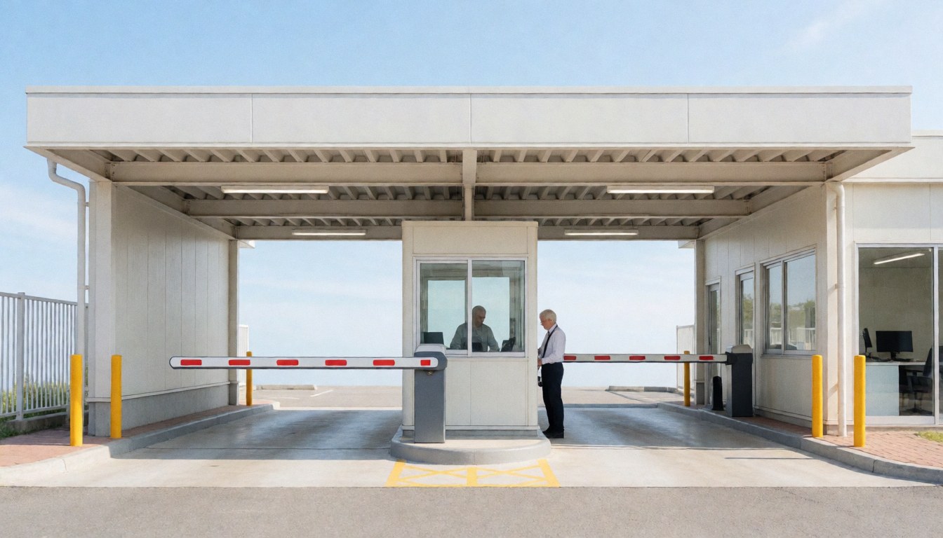 Gardien de parking à son poste avec la barrière levée sous un ciel bleu clair, montrant l'entrée du parking.