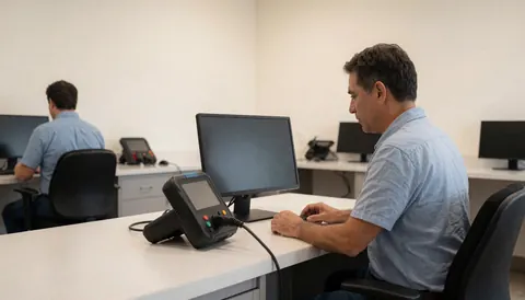 Technicien en réparation électronique effectuant un diagnostic sur un ordinateur avec un outil connecté à un écran dans un bureau moderne et propre.