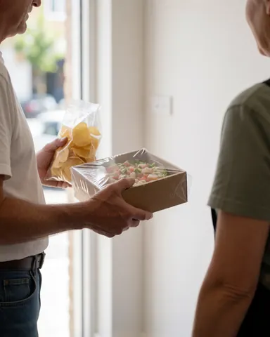 Un client reçoit une boîte de ceviche et de frites dans un restaurant, avec des murs blancs et une lumière naturelle.