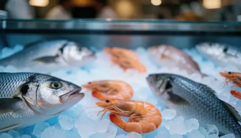 Poisson et crabes frais posés sur de la glace dans une vitrine de marché, offrant un fond blanc et bleu idéal pour des textes commerciaux.