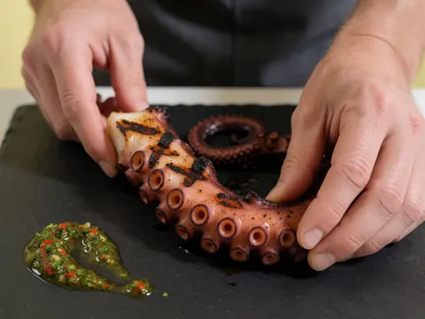 Tentacule de poulage grillé avec marques de grill et goutte de chimichurri sur pierre noire, mains préparant dans une cevicheria.
