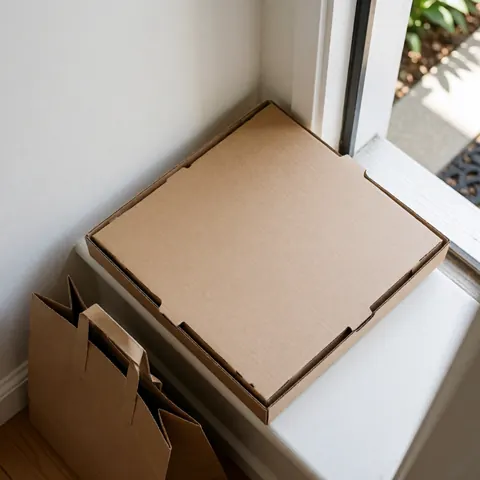 Caisse de pizza neuve et scellée posée sur le seuil d'une porte, à côté d'un sac de livraison, éclairée par la lumière naturelle.
