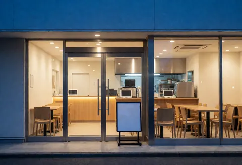 Façade de restaurant de nuit avec tables et chaises, menu blanc visible, éclairage moderne et chaleureux, vitrine et intérieur du local.