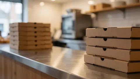 Des caisses de pizza empilées sur un comptoir en acier inoxydable dans une pizzeria, avec une lumière chaude et un fond flou.