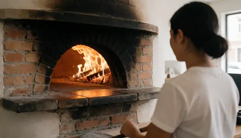Vue d'une personne travaillant devant un four à bois avec des flammes visibles, des murs en briques et une lumière chaleureuse dans une pizzeria.