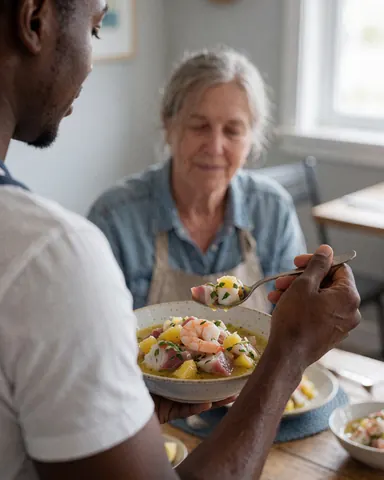 Une cliente savoure un ceviche de fruits de mer à la cuillère, avec une cuisinière en tablier visible en arrière-plan dans un restaurant chaleureux.