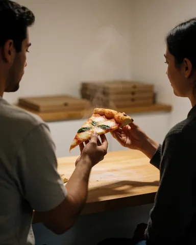 Une cliente souriante tient une part de pizza fumante garnie de mozzarella et de basilic dans une pizzeria avec tables en bois et caisses en arrière-plan.