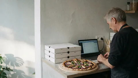 Une pizza garnie de poulet et d'oignons posée sur un comptoir, accompagnée de boîtes de livraison et d'un ordinateur portable, devant un mur gris clair éclairé par la lumière naturelle.