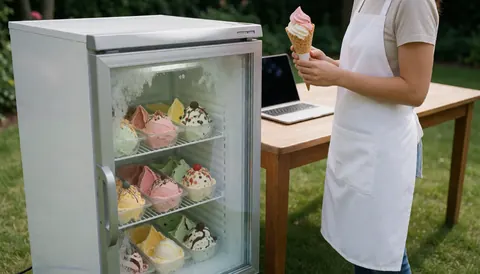 Personne en tablier sert une glace dans un cône devant un congélateur rempli de glaces artisanales dans un jardin.