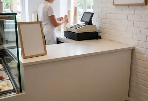 Un caissier range des seaux de glace derrière le comptoir. On aperçoit une caisse enregistreuse et un mur en briques blanches en arrière-plan.