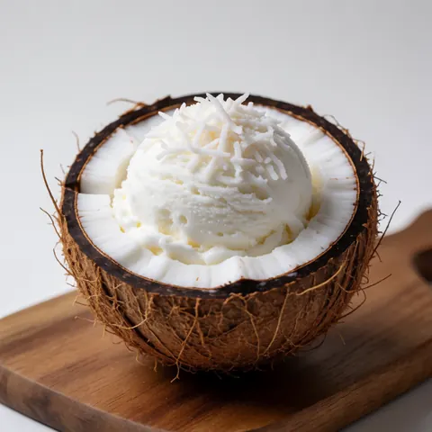 Une boule de glace à la coco présentée dans sa coque sur une planche en bois, offrant une image nette et professionnelle pour une entreprise de glaces.