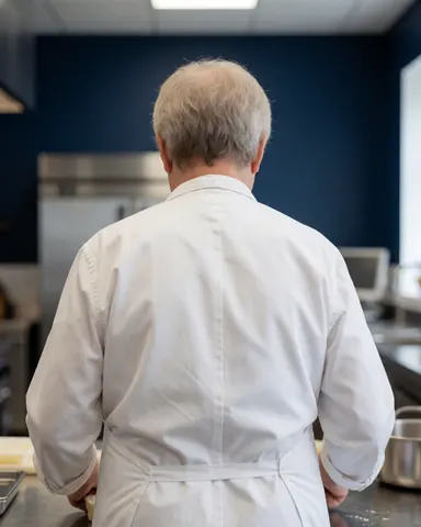 Un cuisinier de dos travaille dans une cuisine équipée de murs bleu foncé et de matériel en acier inoxydable.