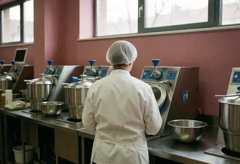 Employé en tenue d'hygiène manipulant des machines industrielles dans une glacerie aux murs roses et à la lumière naturelle.