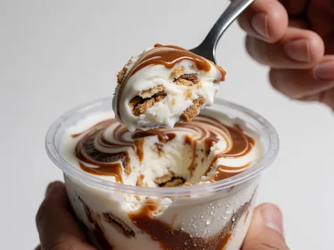 Une cuillère soulève une portion de glace garnie de biscuit et de dulce de leche dans un gobelet en plastique, présentation propre et appétissante.