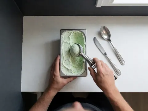 Vue de dessus d'un pot de glace à la menthe avec une cuillère posée dessus, sur un fond de mur gris anthracite dans une boutique de glaces.