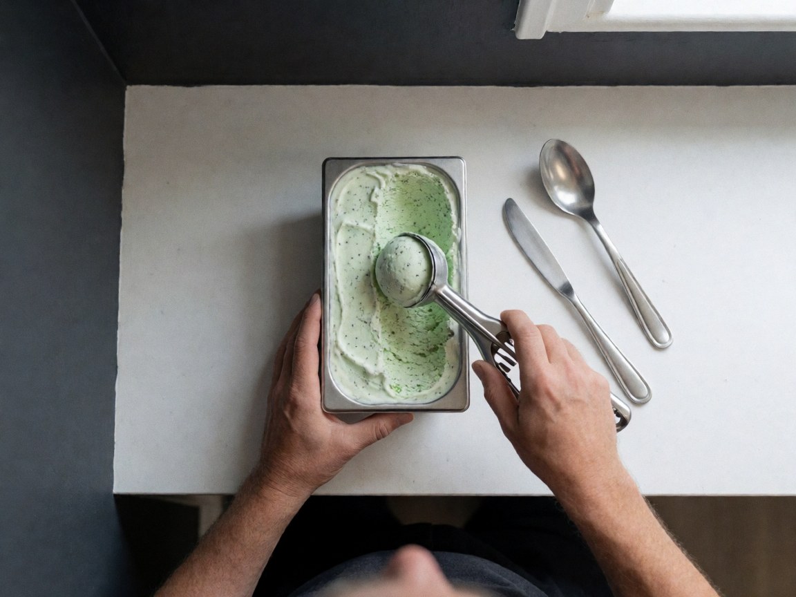 Vue de dessus d'un pot de glace à la menthe avec une cuillère posée dessus, sur un fond de mur gris anthracite dans une boutique de glaces.