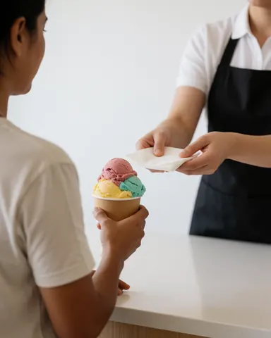 Un client reçoit une glace à plusieurs saveurs dans une glacerie. Le serveur lui tend une serviette. La scène est propre et réaliste.