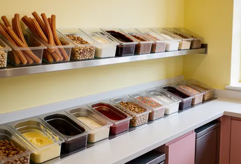 Des toppings comme des churros, des sauces et des poudres sur des étagères métalliques dans une crèmerie aux murs jaunes.