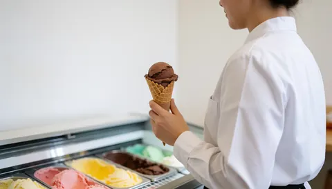 Serveur en uniforme blanc tenant un cône de glace au chocolat devant un présentoir réfrigéré coloré rempli de parfums variés en arrière-plan.
