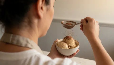 Personne saupoudrant du cacao en poudre sur une glace au café dans un récipient blanc, sur fond de mur gris clair.