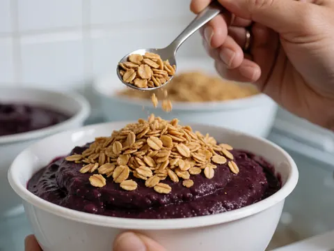 Une main saupoudrant de la granola dorée sur un açaï violet dans une tasse blanche, sur un fond de carreaux blancs, détail de glacier.