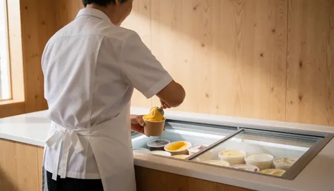 Un serveur en uniforme présente une glace au mangue dans un établissement aux murs clairs et à la lumière naturelle.