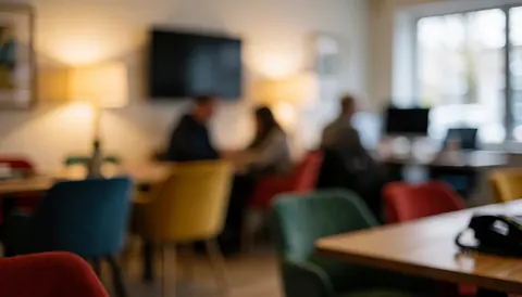 Intérieur d'une crèmerie avec des chaises colorées, des tables et des lumières chaudes créant une ambiance relaxante pour les clients.