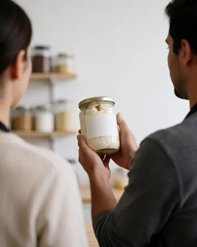 Une cliente souriante reçoit une jarre remplie de glace artisanale dans une boutique avec des étagères d'ingrédients en arrière-plan.