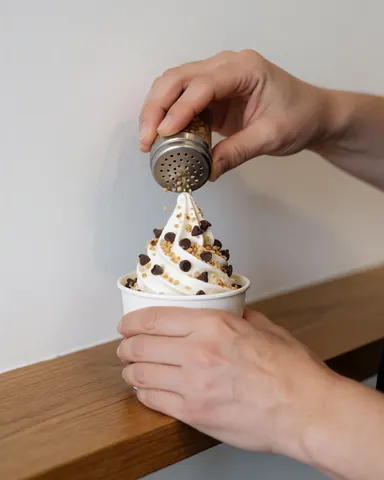 Mains versant du chocolat et des noix sur un glacier servi dans un verre posé sur une table en bois dans une boutique de glaces.